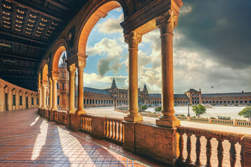 Gallery with view of famous Spanish Square (Plaza de Espana). Seville, Spain