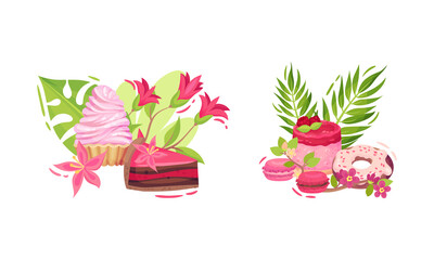Sweet and Sugary Pink Confection with Green Foliage and Flower Vector Composition Set