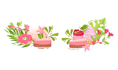 Sweet and Sugary Pink Confection with Green Foliage and Flower Vector Composition Set
