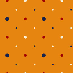Seamless vector polka dot pattern. Red, white and dark blue dots. on the orange background. Texture print for wrapping paper, wallpaper, fabric, cover, interior design, and others.