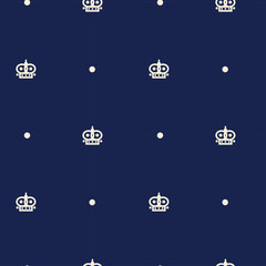 Seamless vector pattern with symbols of London such as a symbol of British Royal crown and white dots. White elements on the dark blue background. Texture print for wrapping paper, wallpaper, fabric