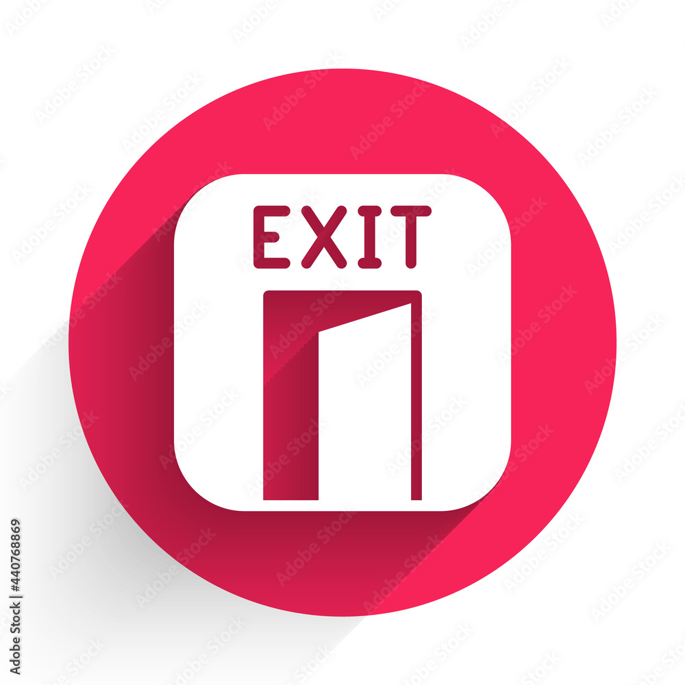 Poster white fire exit icon isolated with long shadow. fire emergency icon. red circle button. vector