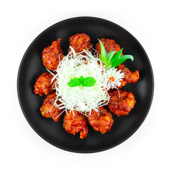 Hot Chicken Buldak Spicy Dish ontop slice Leek Bunching Onion Korean Food