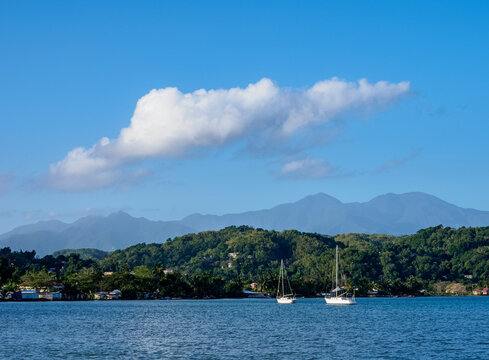 View over East Harbour towards Port Antonio and Blue Mountains, Portland Parish, Jamaica
