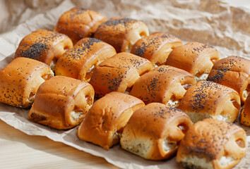 Homemade buns with fruit jam on a background of crumpled pastry paper. Selective focus. Close-up.