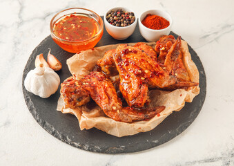 Board with tasty fried chicken wings, spices and hot honey on light background