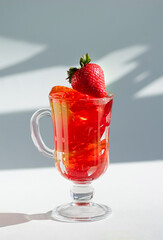 Ripe strawberries and delicious fruit jelly in a glass glass on a white background. Vertical crop. Close-up.