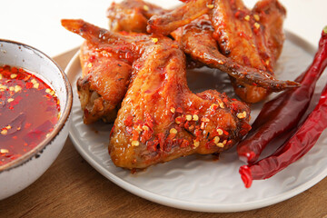 Plate with tasty fried chicken wings and hot honey on table, closeup