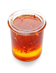 Jar of hot honey on white background