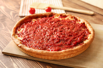 Board with tasty Chicago-style pizza on wooden background