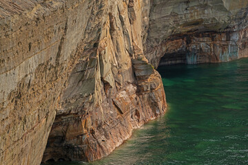 Landscape of the mineral stained, sandstone and eroded shoreline of Lake Superior, Pictured Rocks National Lakeshore, Michigan's Upper Peninsula, USA
