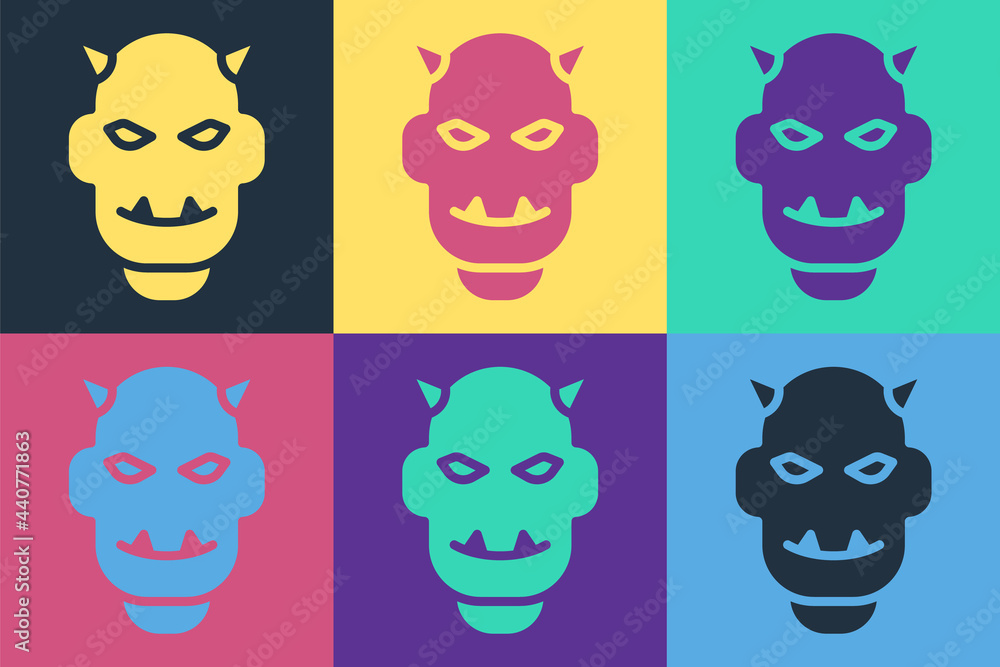 Poster pop art mask of the devil with horns icon isolated on color background. vector