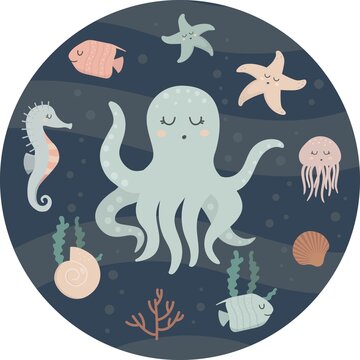 Set with ocean and underwater creatures in the shape of a circle for greeting cards, backgrounds and baby designs © Alyona Brileva
