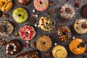 Various glazed doughnuts with sprinkles.