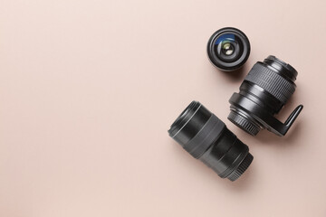 Camera lenses on color background