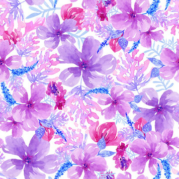 Watercolor floral pattern of purple and pink flowers on a white background. 