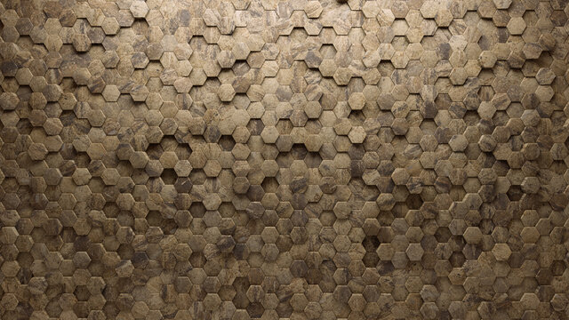 Hexagonal Tiles arranged to create a Natural Stone wall. Semigloss, 3D Background formed from Textured blocks. 3D Render