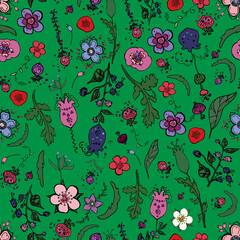 Beautiful seamless floral pattern with berries,herbs and flowers in doodling style. Vector