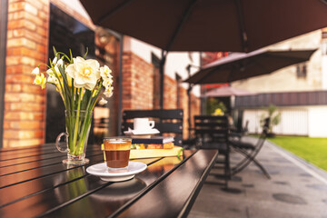 Morning coffee on the terrace.