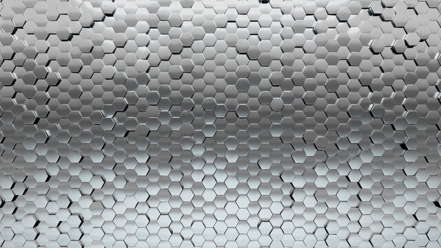 Hexagonal Tiles arranged to create a Glossy wall. Luxurious, 3D Background formed from Silver blocks. 3D Render