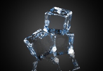 Crystal clear natural ice block on a dark surface.
