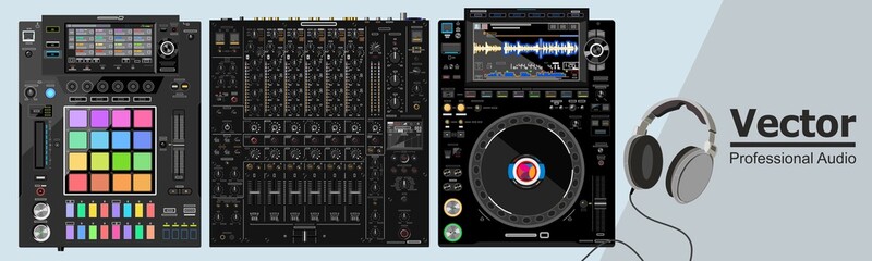 Desktop DJ set consisting of CDJ player, DJM mixer and DJS sampler. Realistic vector illustration. DJs headphones. Modern equipment for clubs and discos. Beatmaking effector. Rgb palette of buttons. - obrazy, fototapety, plakaty