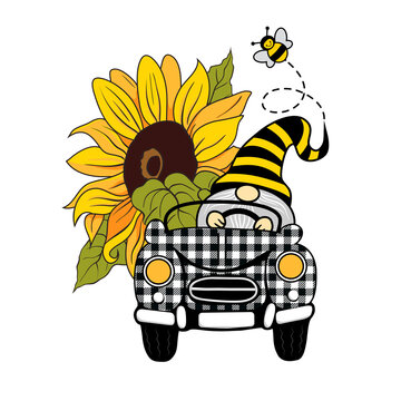 .Large, bright sunflower, funny bee and summer gnome driving a checkered car. Honey farms decor. Vector design. Cartoon illustration.