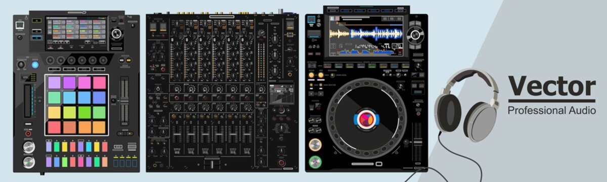 Desktop DJ set consisting of CDJ player, DJM mixer and DJS sampler. Realistic vector illustration. DJs headphones. Modern equipment for clubs and discos. Beatmaking effector. Rgb palette of buttons.