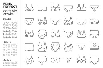 Woman underwear: pants and bras icon set. Types of lingerie: maternity and sport, bandeau and multiway, beginners and high rise, bikini and hipster. Pixel perfect 32x32, 48x48, 64x64 pictograms
