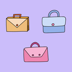 Set of the cute cartoon briefcases with buttons for documents for office work, school, university. Vector clipart illustration isolated on the background with hand drawn doodle outline.