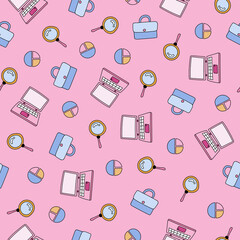 Fototapeta premium Cute and colorful vector seamless hand drawn pattern with laptop, diagram, briefcase, magnifier. Can be used for, wrapping paper, bedclothes, notebook, packages, gift paper.