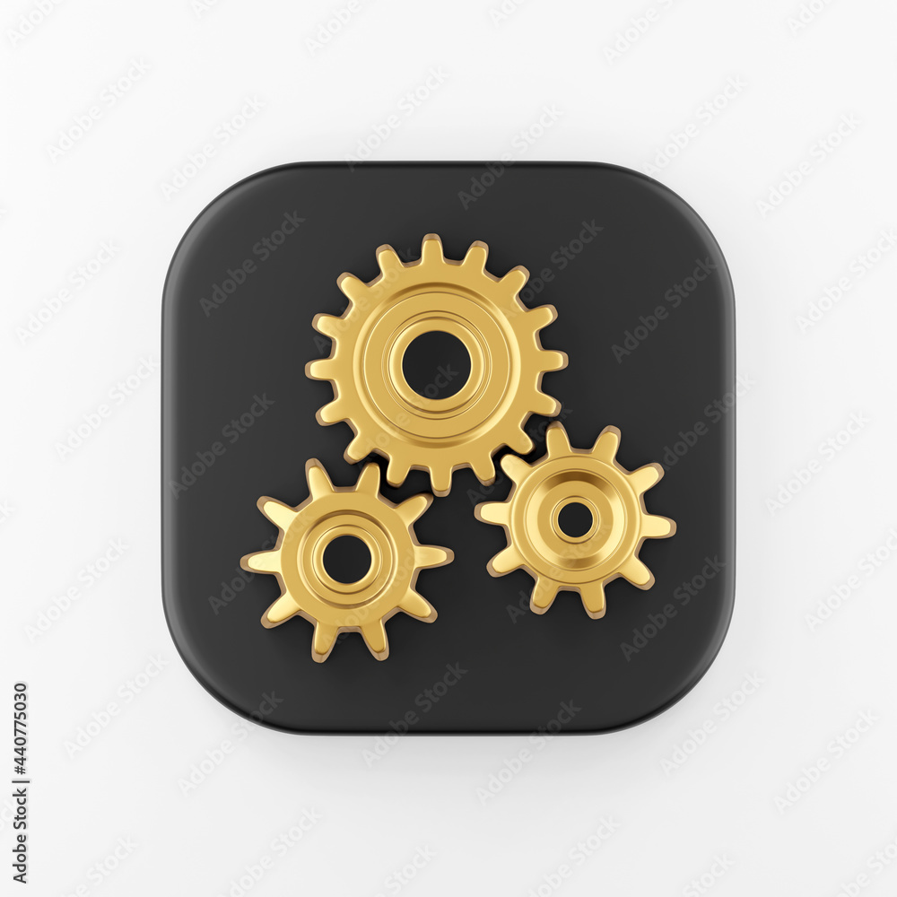 Poster golden gears icon. 3d rendering black square button key, interface ui ux element.