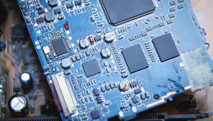 Macro view. Microchip in circuit board. Technology background
