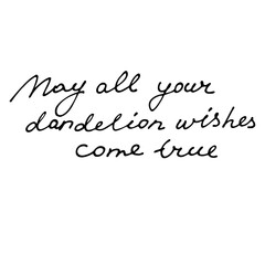 May All Your Dandelion Wishes Come True handwritten quote. Isolated on white. Accomplishment of desires concept
