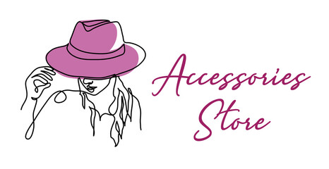 Accessories store shop sign, signboard. Girl in hat one continuous line art drawing. Woman with headdress on her head