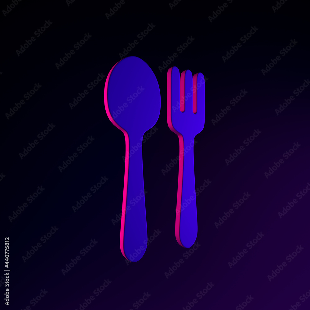 Poster neon spoon and fork icon in flat style. 3d rendering interface ui ux element. dark glowing symbol.
