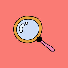 Cute clipart icon of loupe or magnifier in hand drawn style. Research of business processes, goals, analyzing, searching information. Vector illustration isolated on the background.