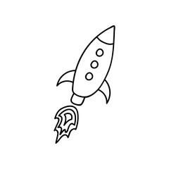 Fototapeta premium Cute and funny space rocket with the fire that start to fly in hand drawn style. Vector doodle illustration isolated on the background. Start and launch of business projects, processes.