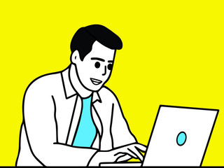 Business man looking at laptop screen, watching educational lecture seminar webinar online, studying remotely, writing notes. Online communication concept. Influential successful. vector design