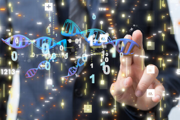 Businessman holding a 3d render DNA.