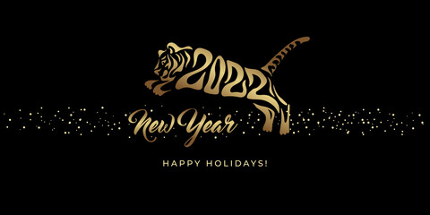 Happy New year 2022. The year of the tiger of lunar Eastern calendar. Creative tiger logo and number 2022 on a black background. Happy New Year Greeting Card.