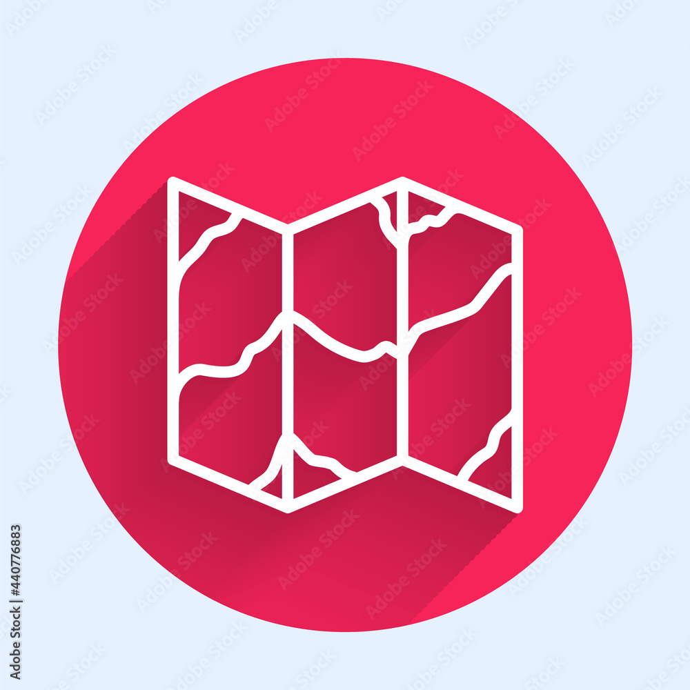 Poster white line folded map icon isolated with long shadow. red circle button. vector