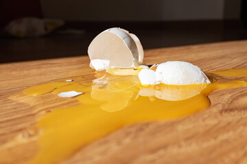 A smashed egg with shells and leaked yolk on floor