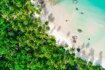 Aerial view white sand beach turquoise sea water