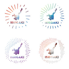 Ishigaki low poly sunburst set. Logo of island in geometric polygonal style. Vector illustration.