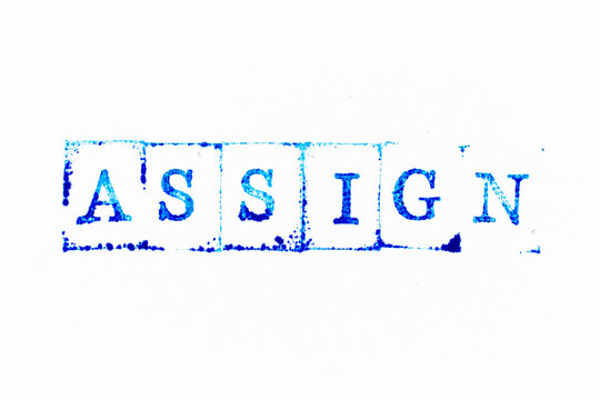 Blue color ink rubber stamp in word assign on white paper background