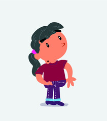  cartoon character of little girl on jeans looks with doubt and somewhat surprised