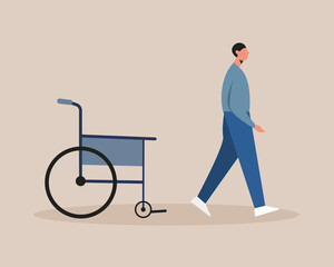 Young man walking from the wheelchair after recover. Vector illustration cartoon flat style