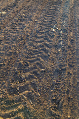 Traces of tires in dry land