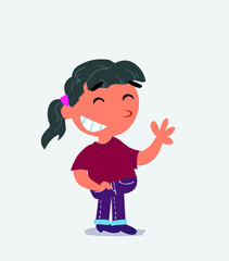 cartoon character of little girl on jeans waving informally while laughing.